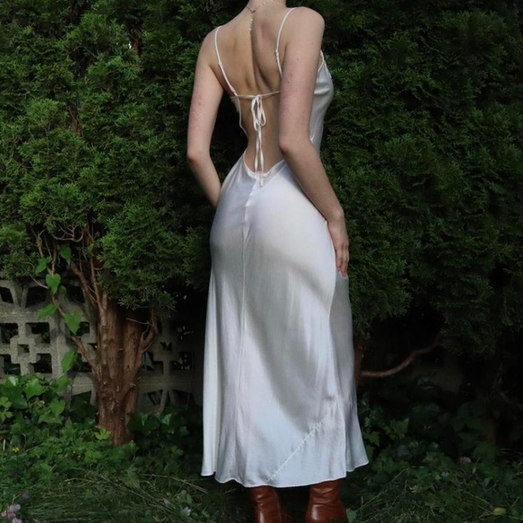 Vintage Y2K Backless 100% Silk Dress Mesh Bodice Beaded Silk Dress - Picture 4 of 16